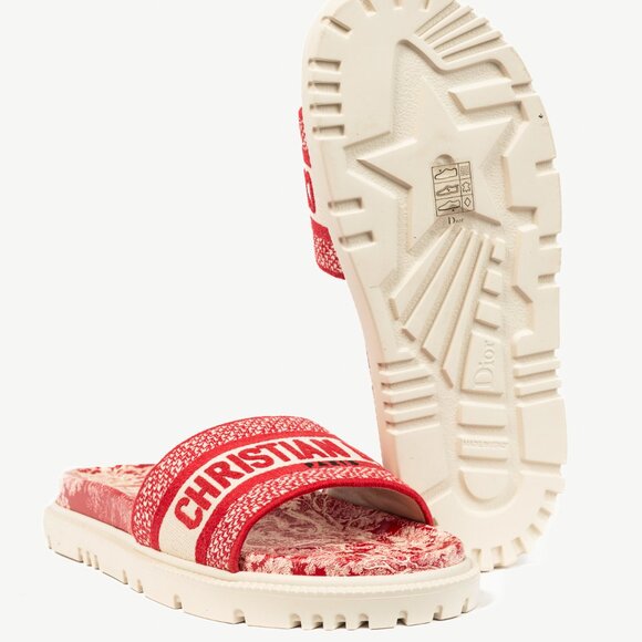 Christian Dior Dway Red Toile du Jouy Flowers Embroidered Slides - Picture 5 of 11